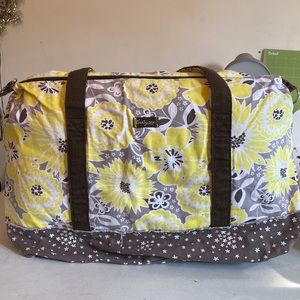 Thirty one Weekender Bag in Yellow Gray Floral with Brown bottom and straps
